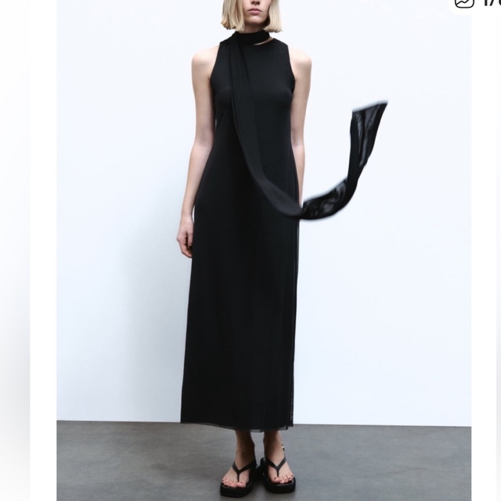 Zara Tulle Tie Maxi Dress Elegant Black Sleeveless Neck Tie Maxi Dress